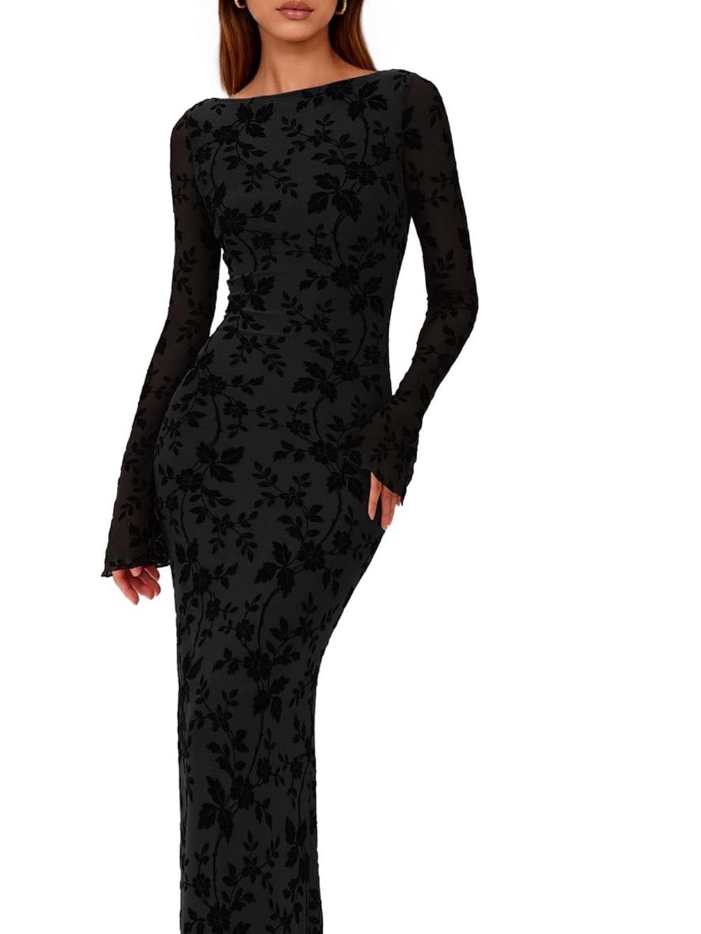 Prettygarden Black Floral Velvet long sleeve dress size XL NWT